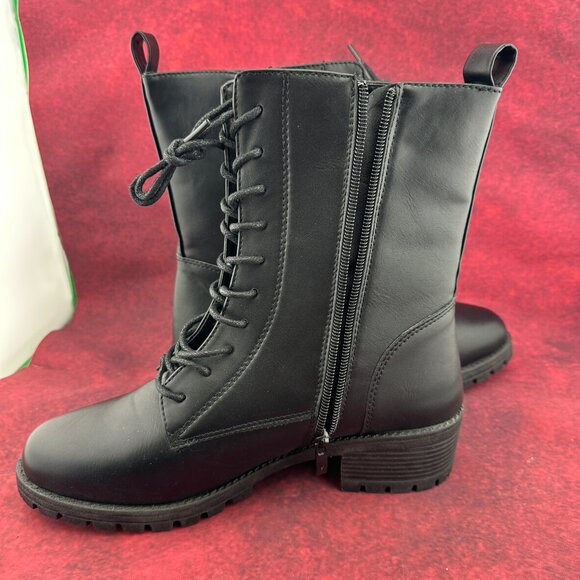 SHELN COMBAT BOOTS LUG SOLE BLACK, MID-CALF, LACE-UP, ZIPPER, BLOCK HEEL, SIZE 9 - Picture 3 of 11